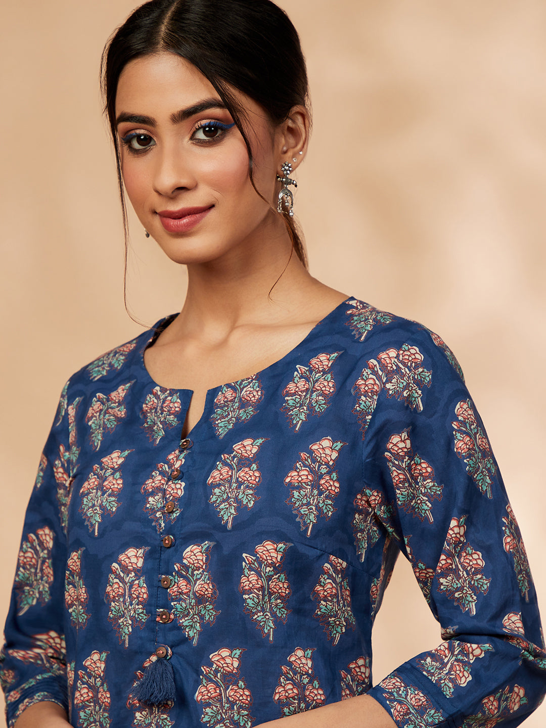 Navy Blue Printed Cotton Kurta Set