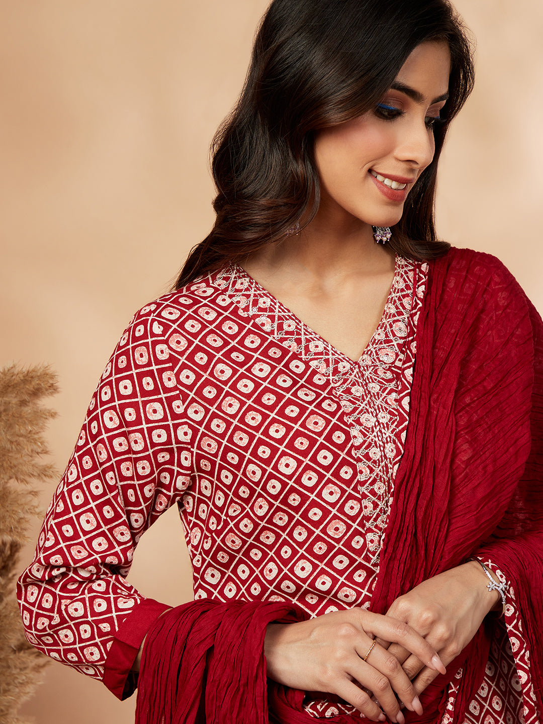 Red Printed A-Line Kurta Set