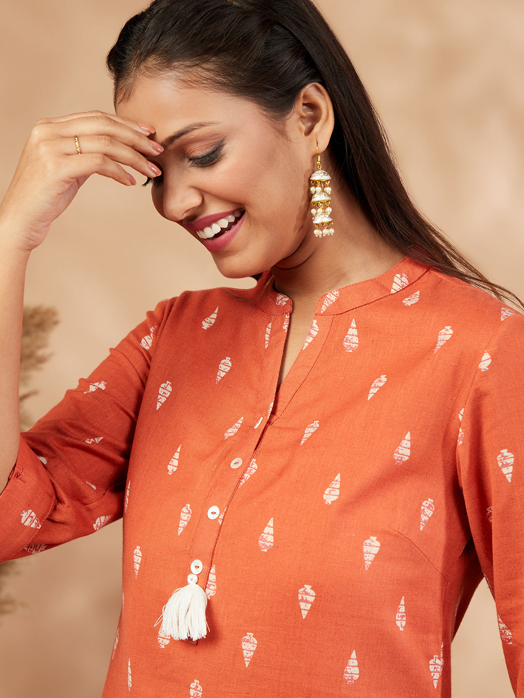 Printed Orange Straight Kurta