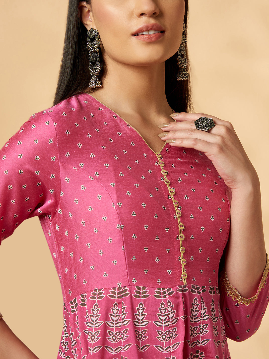 Pink Printed Kalidar Dress