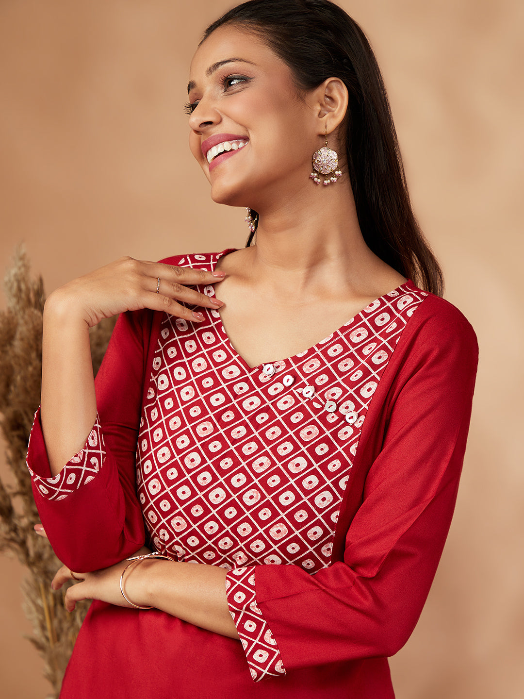 Printed Red Straight Kurta