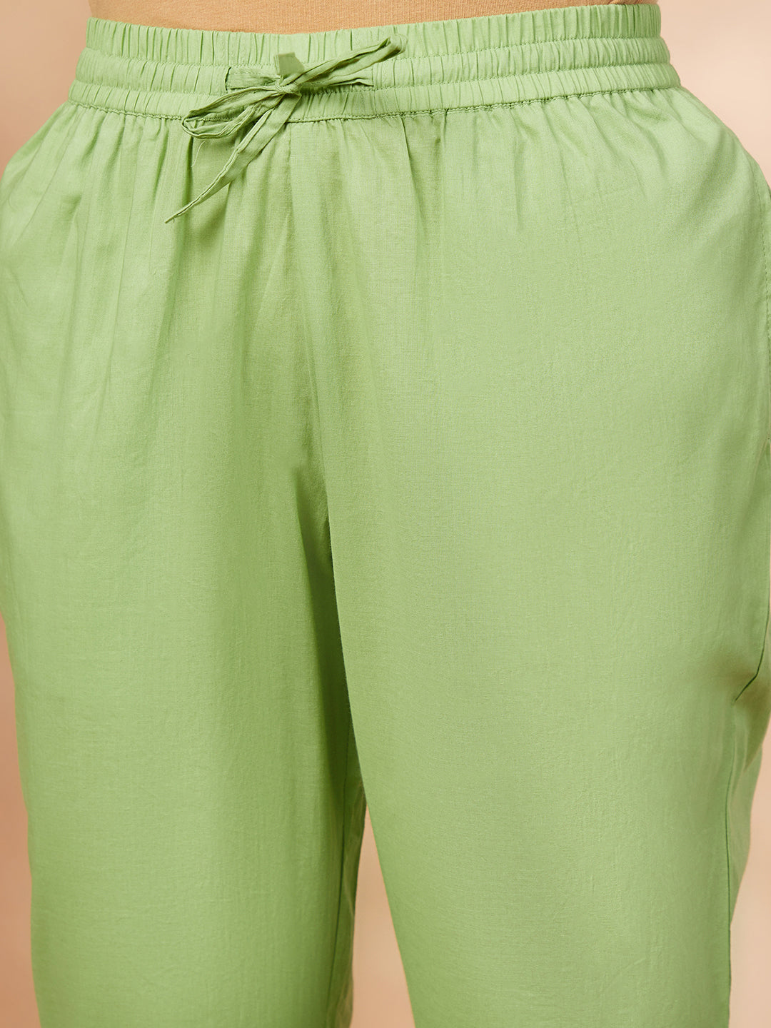 Floral Solid Green Elasticated Waist Straight Pants