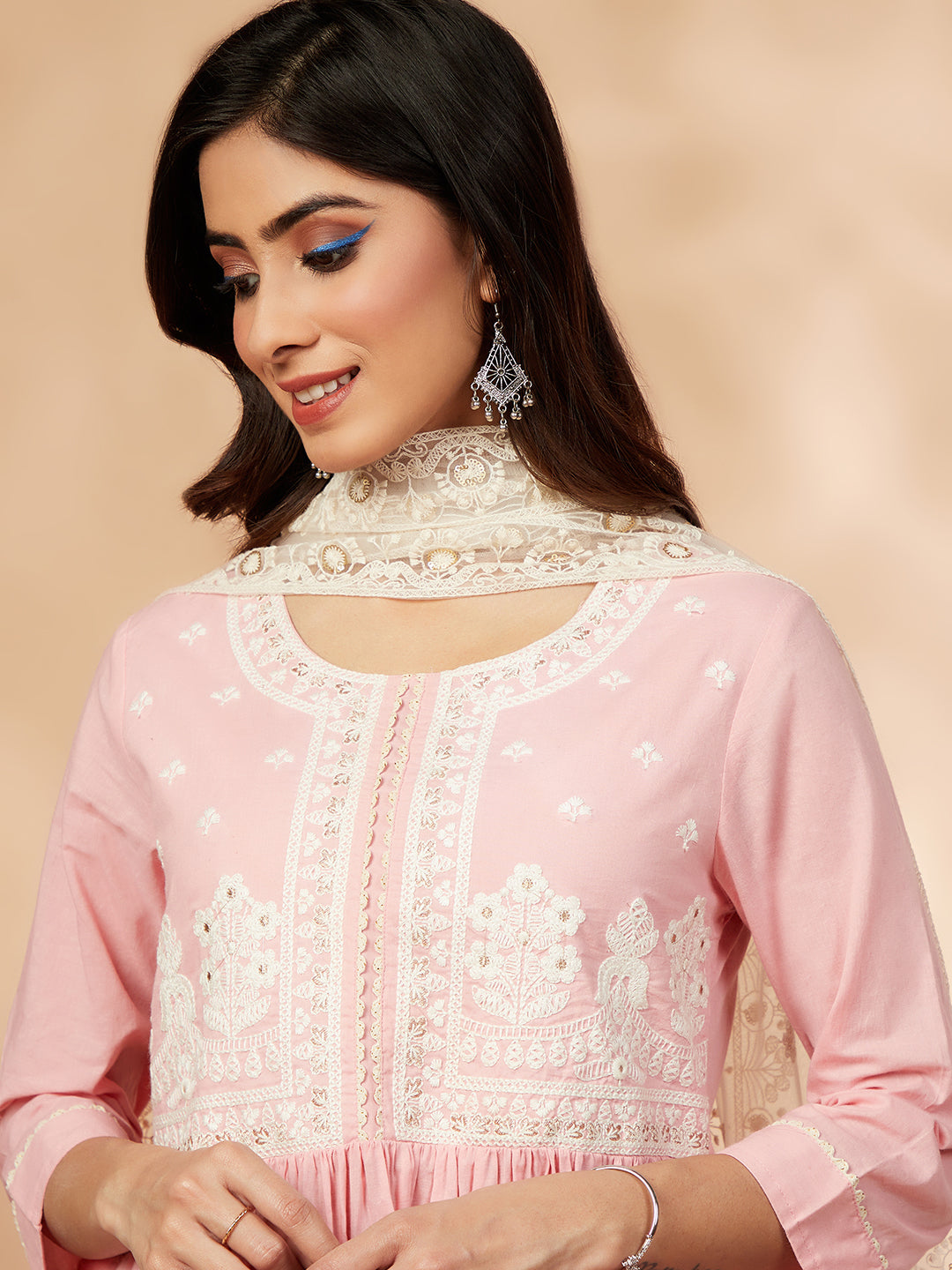 Light Pink Embroidered Gathered Kurta Set