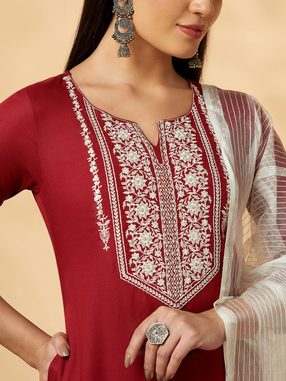 Maroon Embroidered Straight Kurta Set