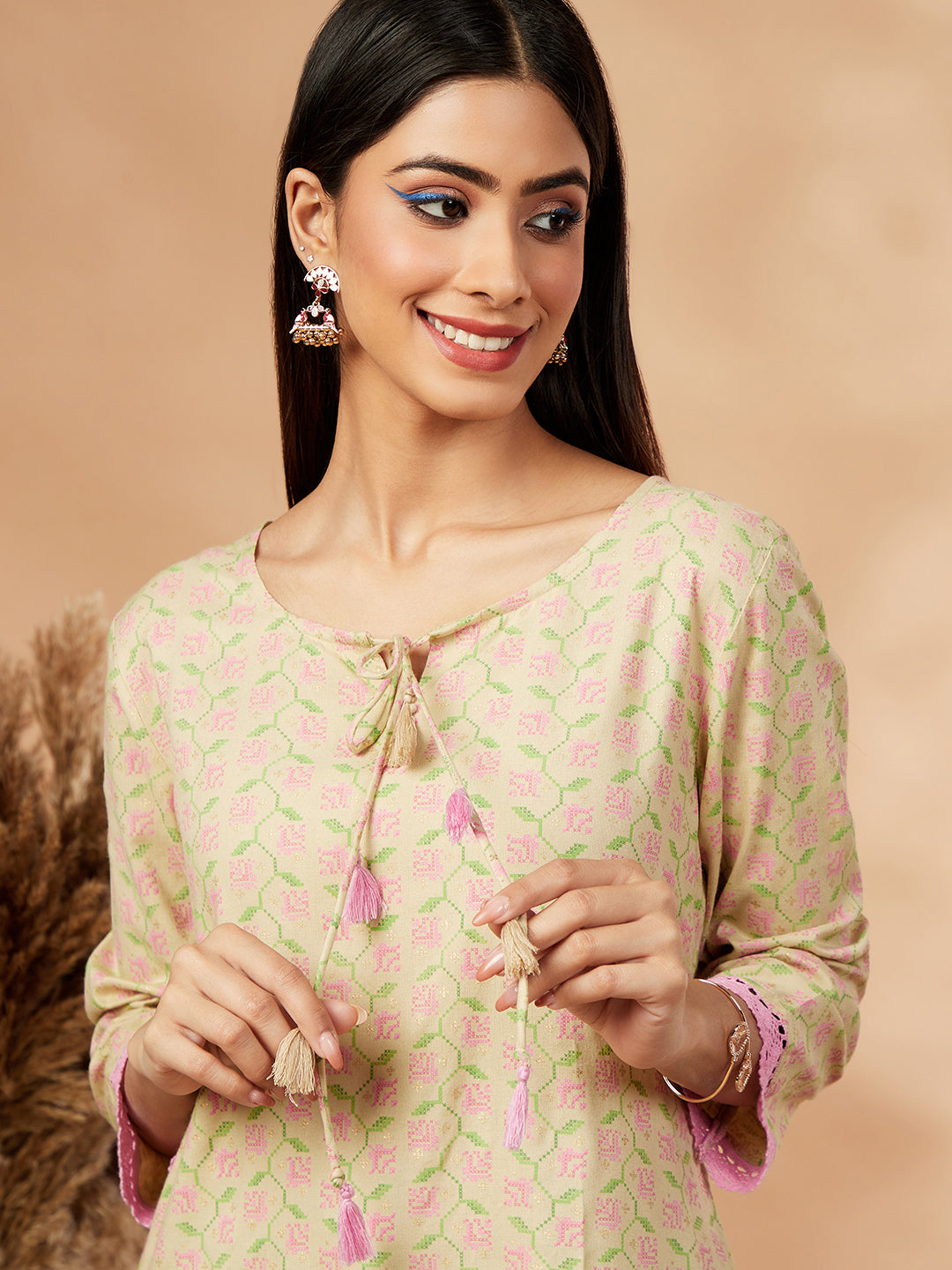 Beige Print Straight Kurta