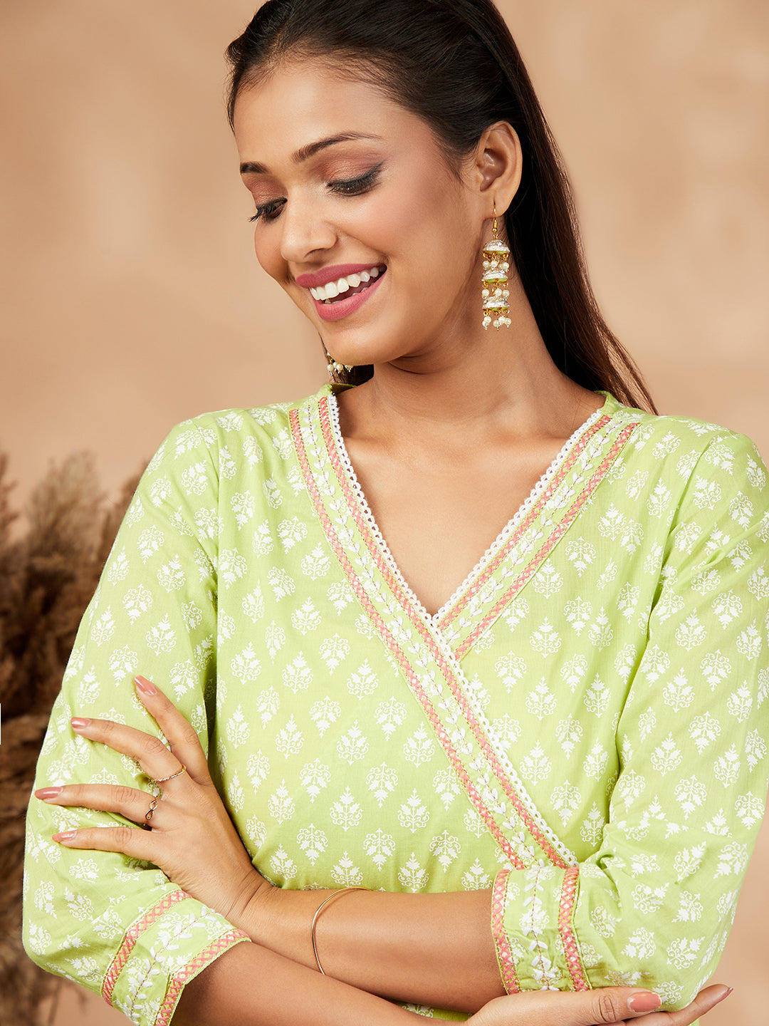 Printed Lime Green Gathered  Kurta