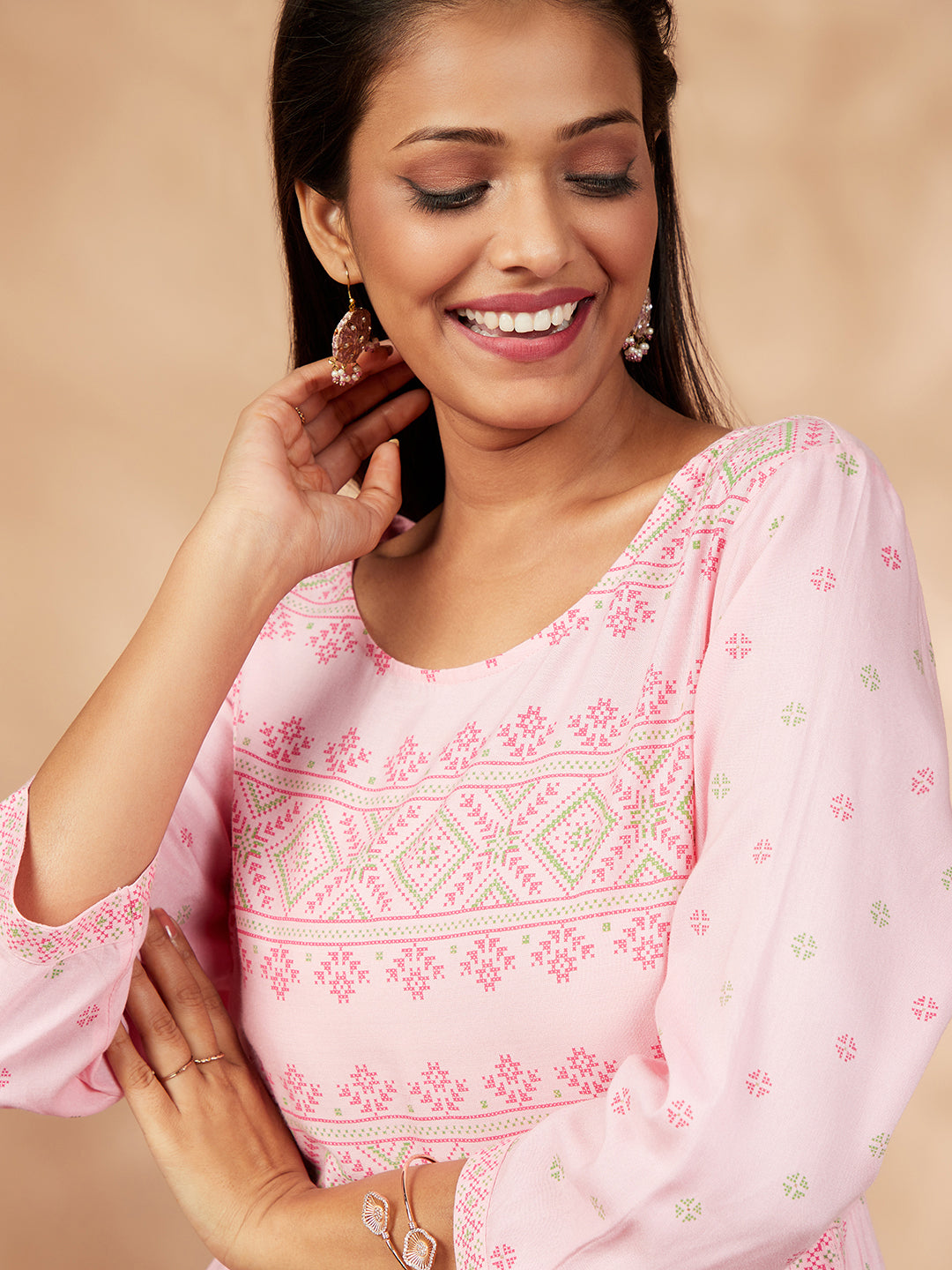 Light Pink Print  Gathered Kurta