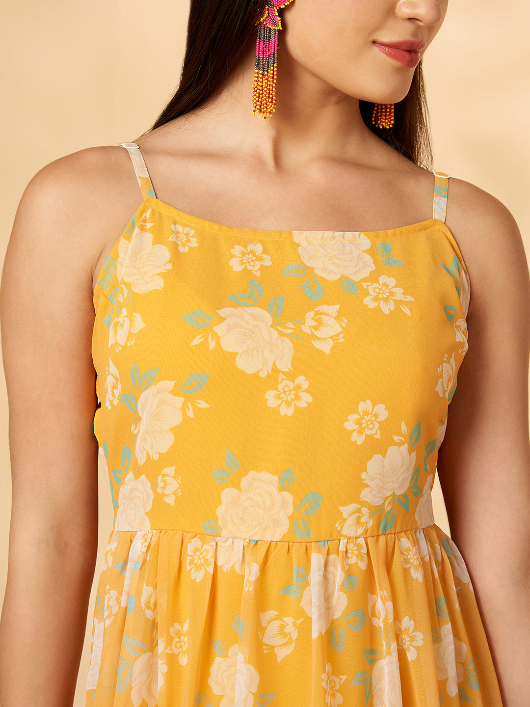 Floral Yellow Printed Tiered Dress