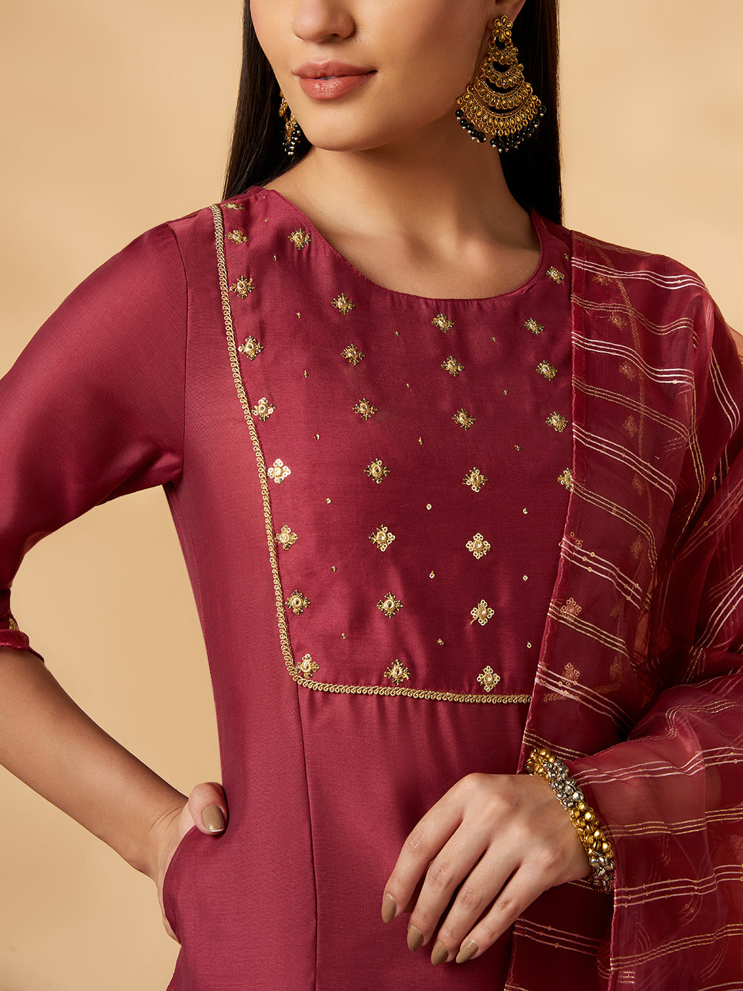 Maroon Embroidered  Kurta Set