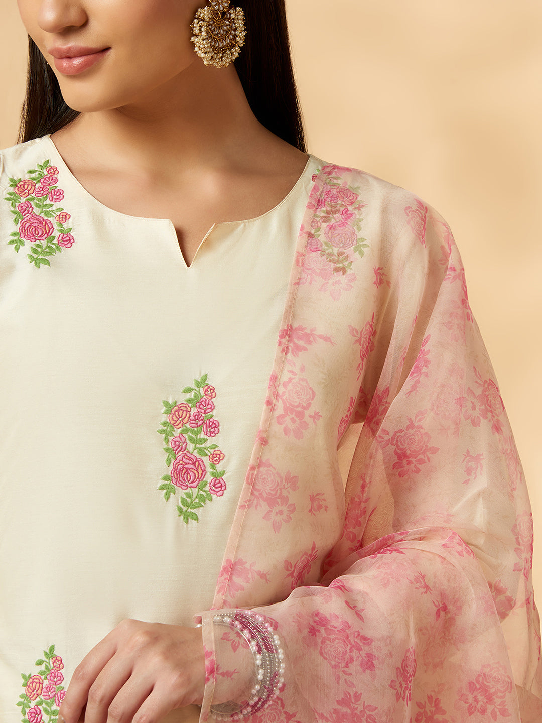 Floral Off-White Solid Straight Kurta Set