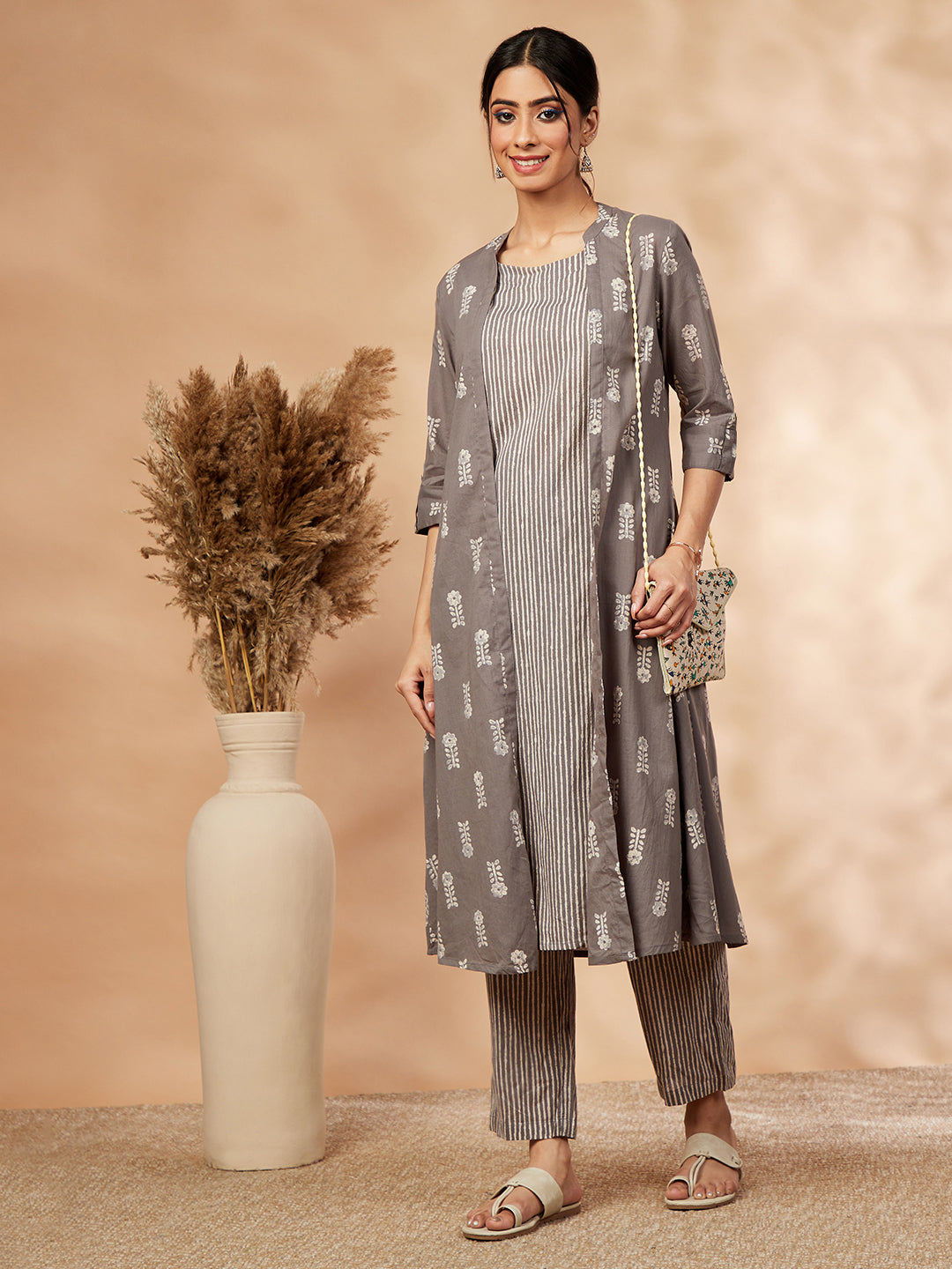 Grey Printed A-Line Kurta Set