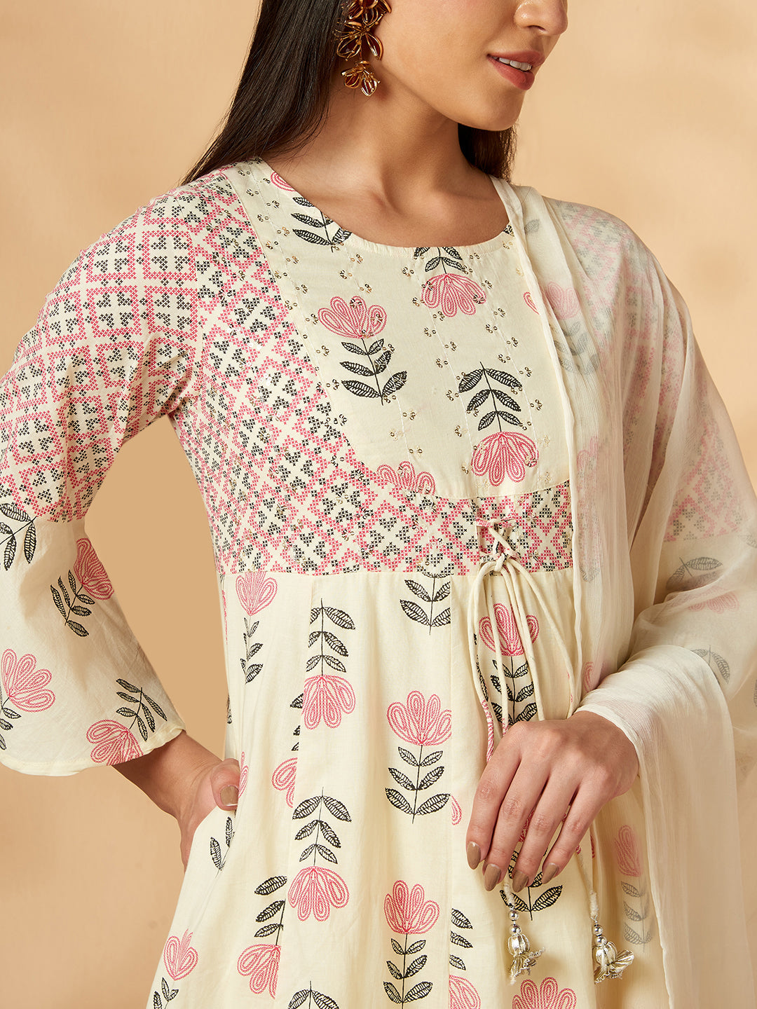 Off-White Printed Anarkali Kurta Set