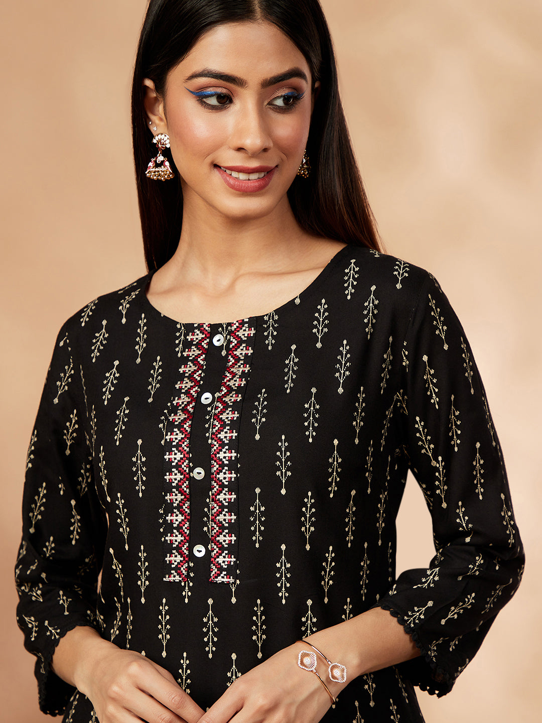 Printed Straight Black  Kurta
