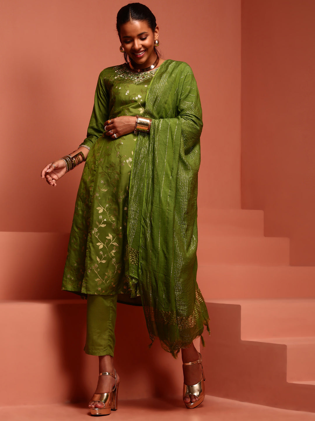 Green Jaquard A-Line Chanderi Kurta Set