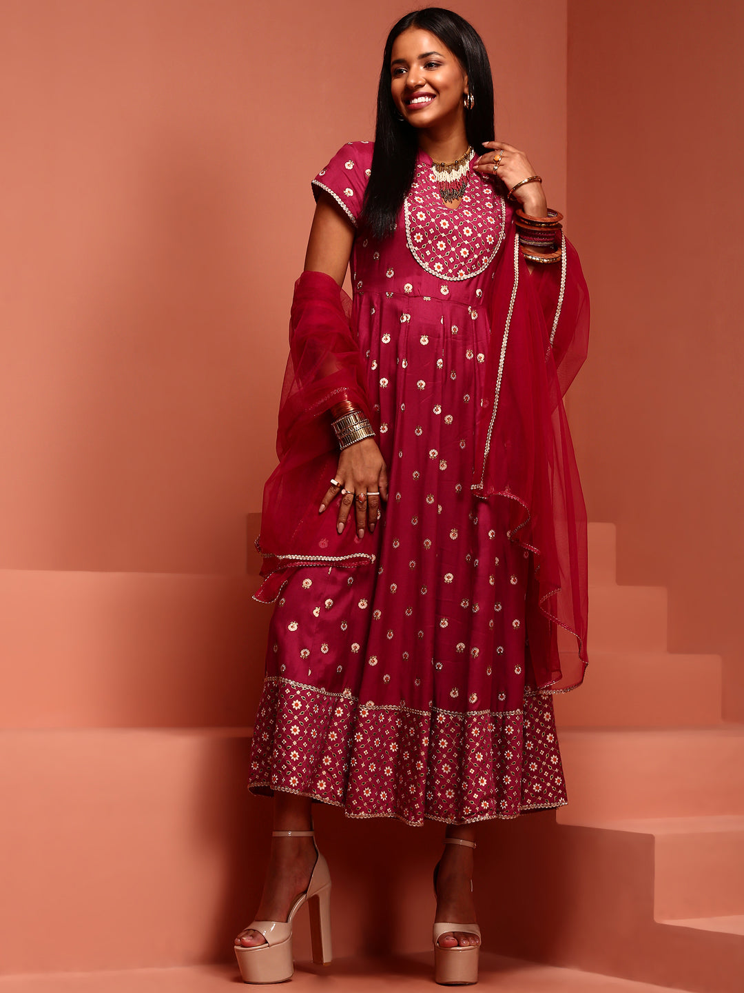 Wine Printed Dress With Net Dupatta