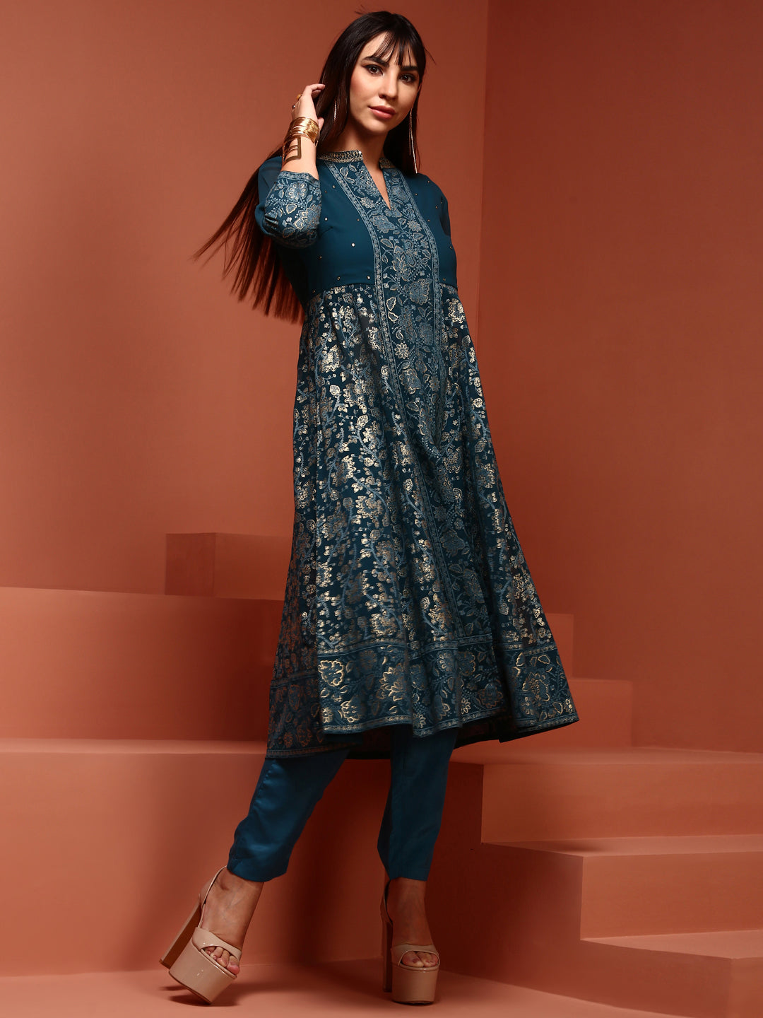 Teal Brocade Gathered Kurta Set