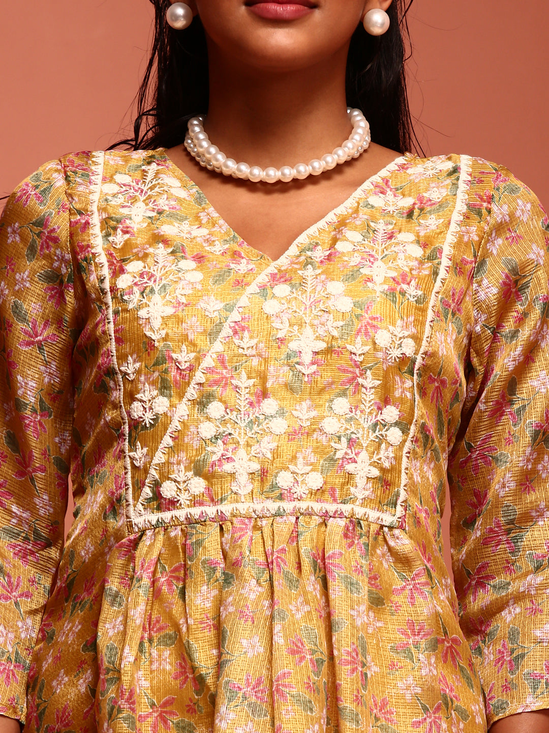 Yellow Kota Embroidered Kurta Set