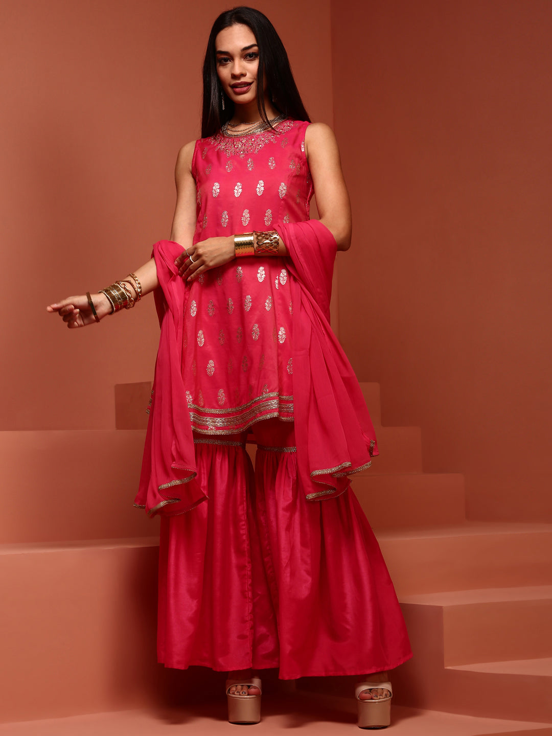 Fuchsia Chanderi Jaquard A-line Kurta Set