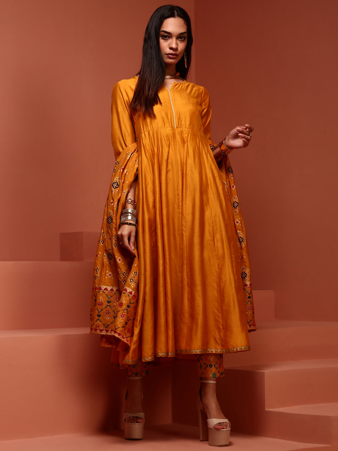 Mustard Solid Chanderi Anarkali Set