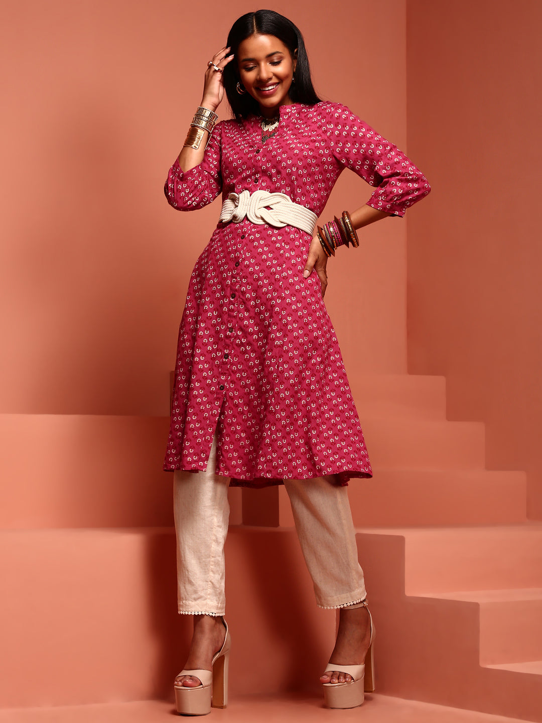 Dark Pink Printed Flared Kurta