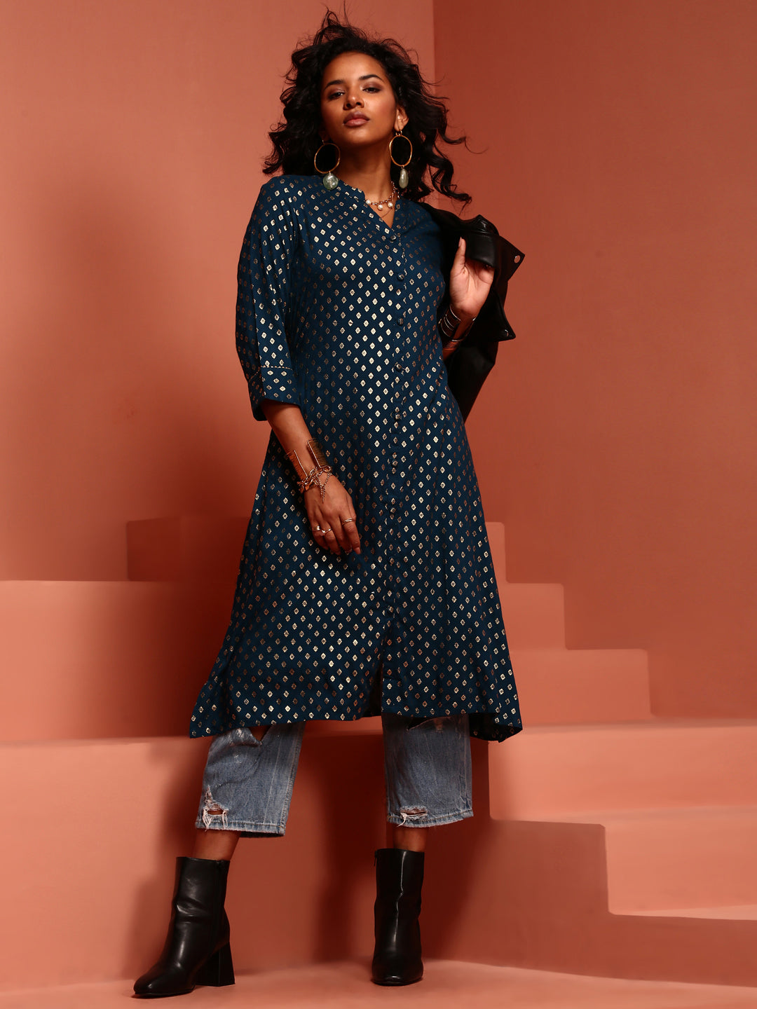 Ink Blue Printed Asymmetric Kurta