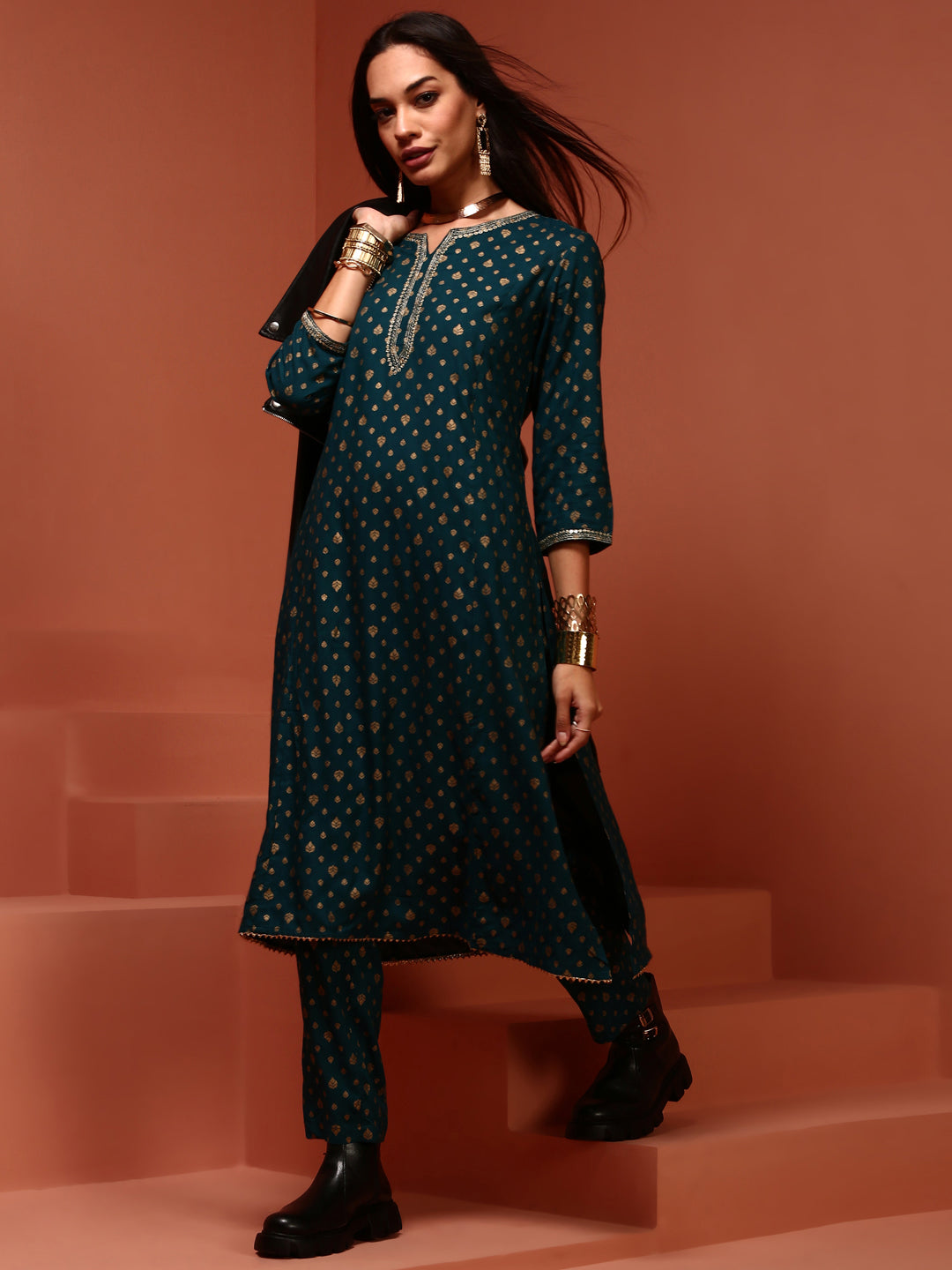 Teal Printed Rayon Kurta Set