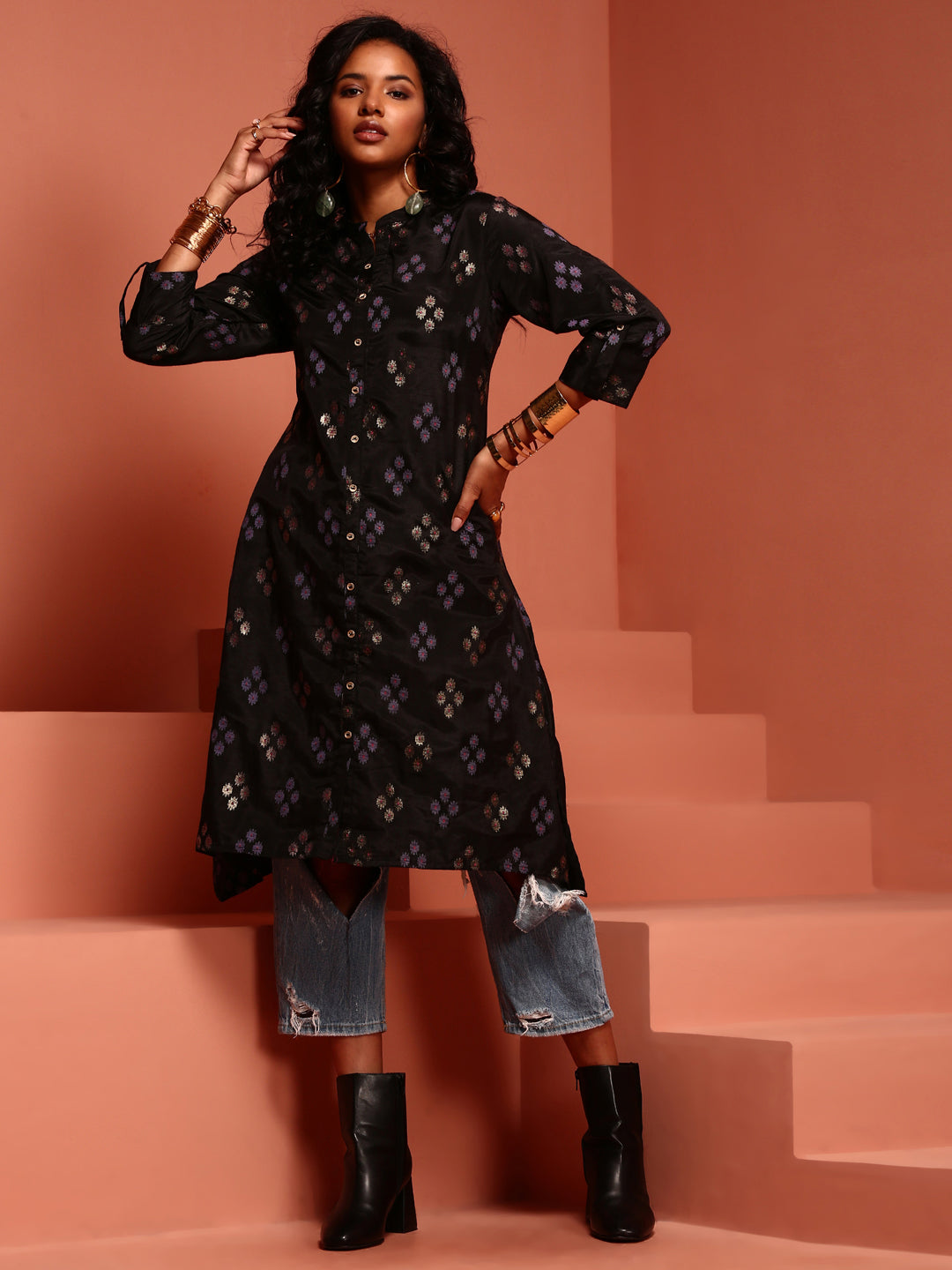 Black Straight Printed Kurta