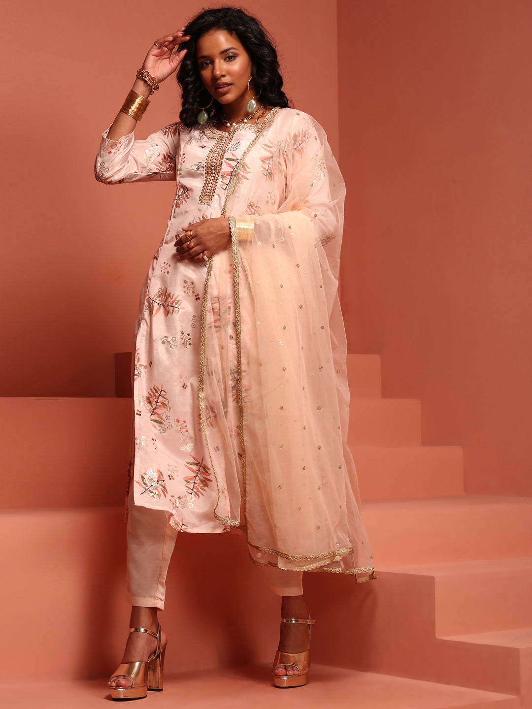 Peach Printed A-Line Kurta Set