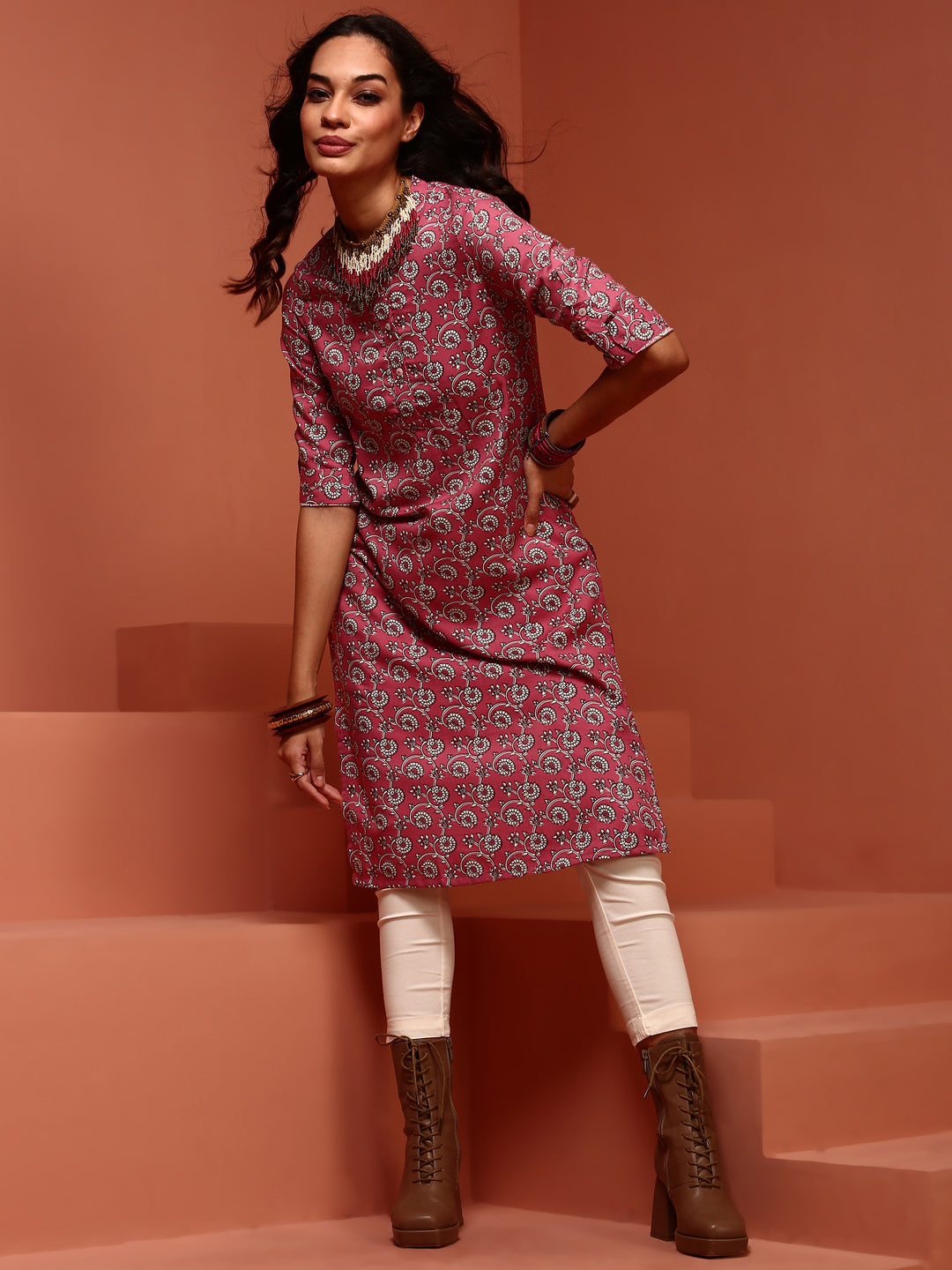 Pink Straight Printed Kurta