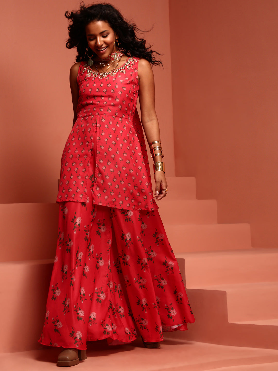 Coral Printed Muslin Kurta & Lehenga Set