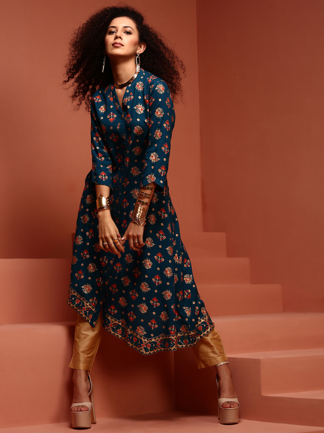 Navy Blue Asymmetric Printed Kurta