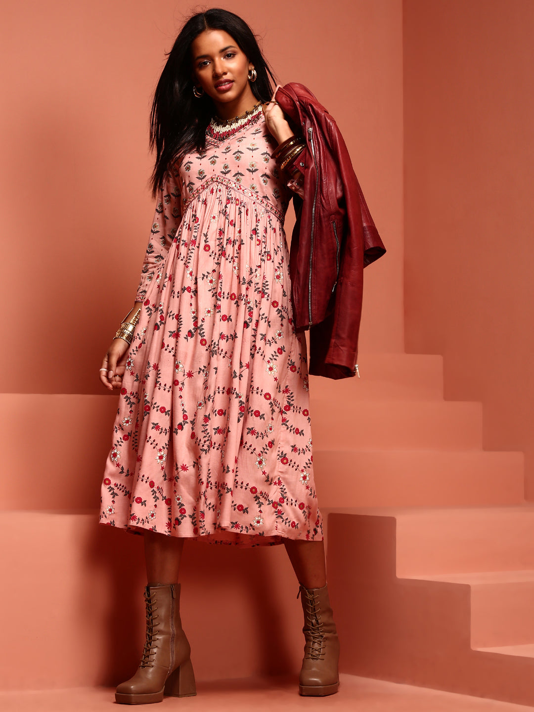 Peach Printed Rayon Kurta