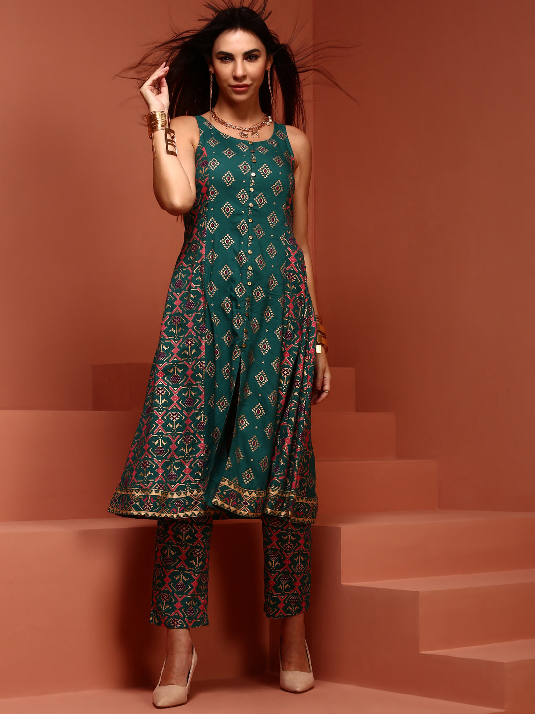 Green A-line Printed Kurta Set