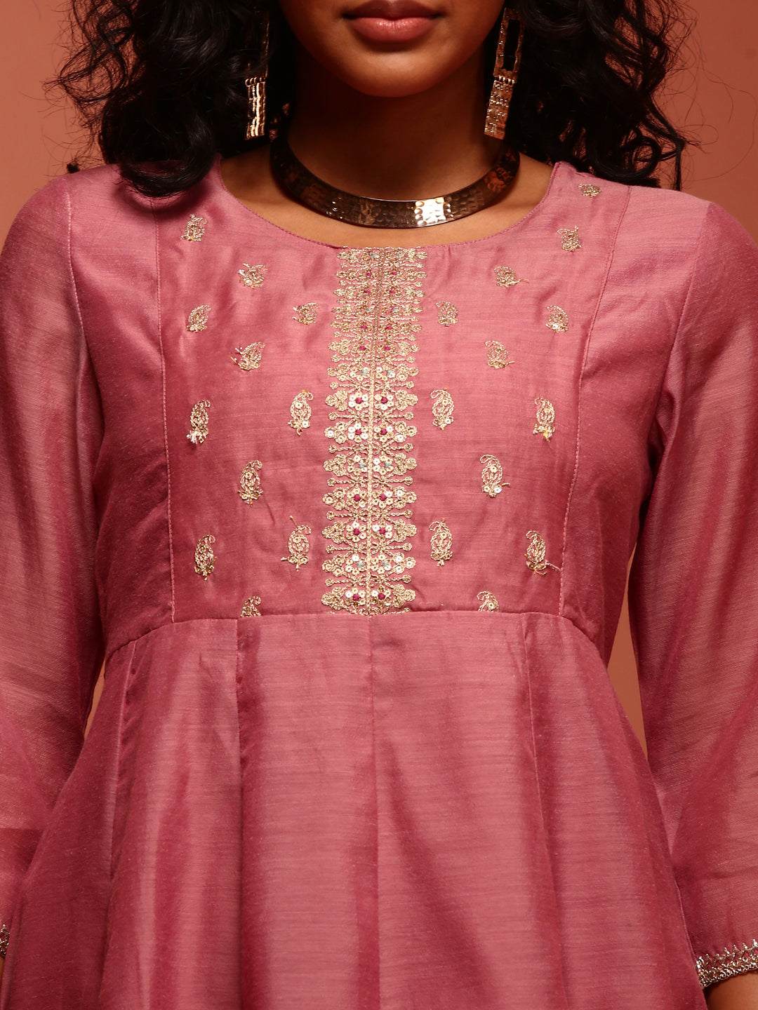 Old Rose Chanderi Embroidered Kurta Set