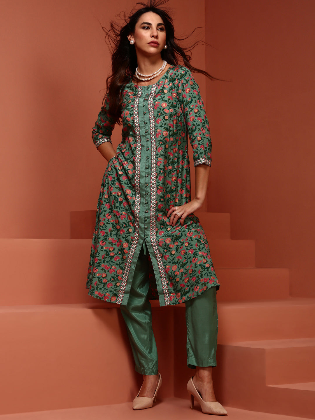 Mint Printed A-line Kurta Set