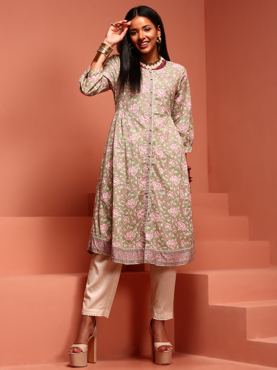 Green Printed Cotton Kurta