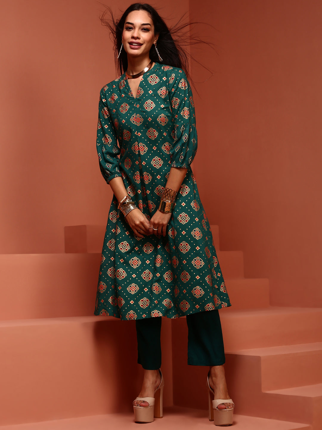 Green Printed A-line Kurta