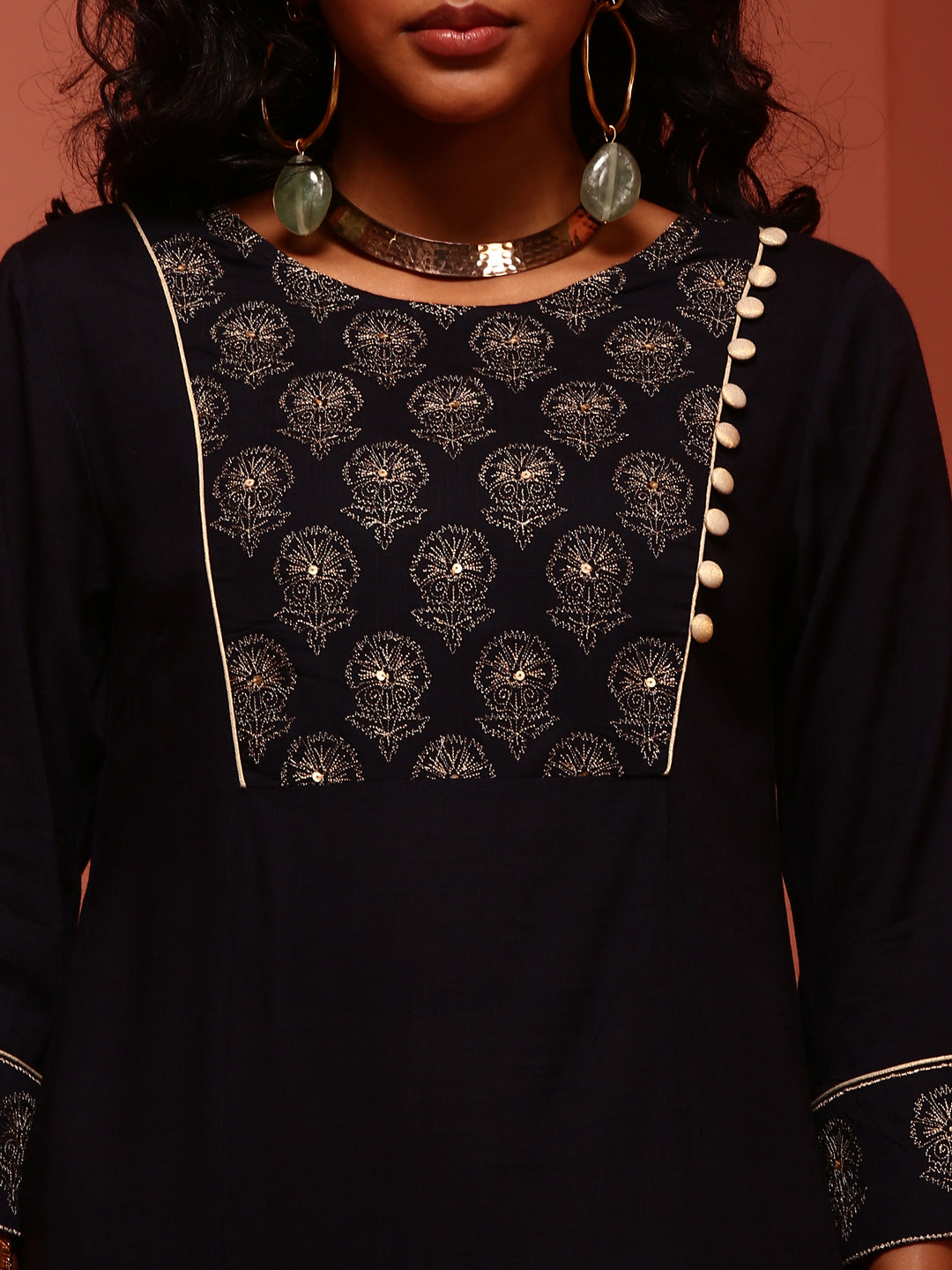 Navy Straight Embroidered Kurta