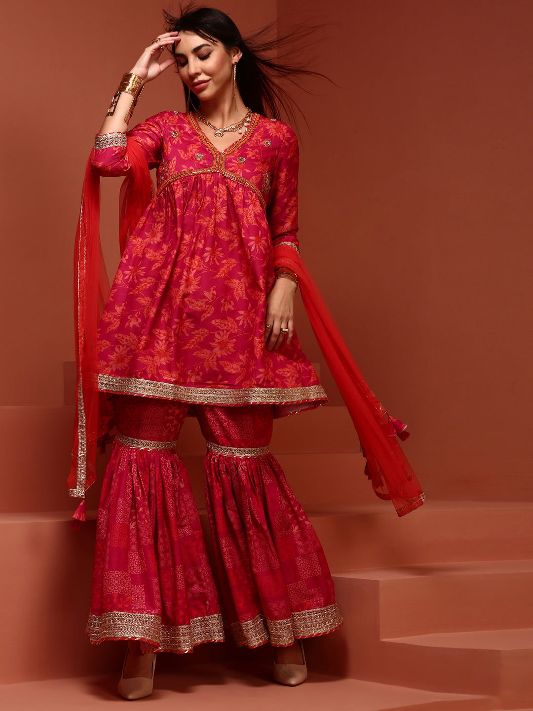 Pink Floral Printed Gathered Kurta Set