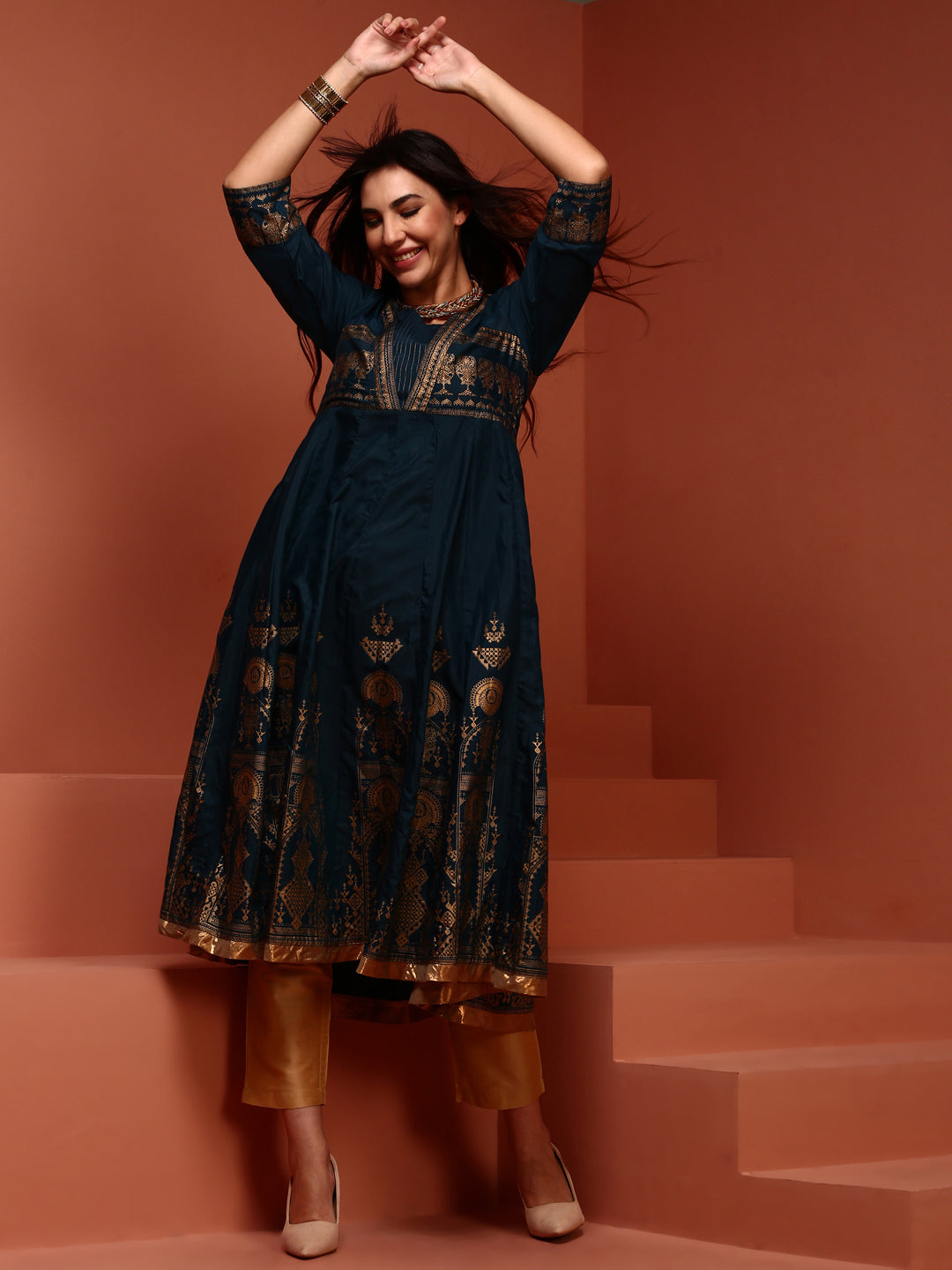 Teal Printed Shantoon Kalidar  Kurta