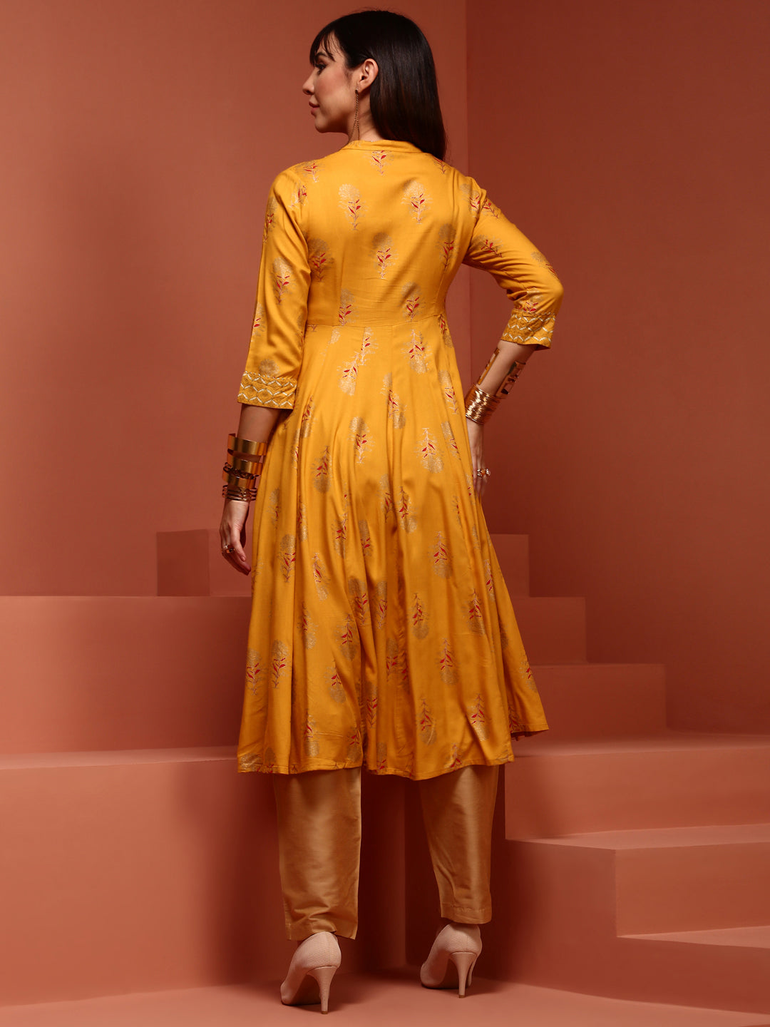 Yellow Printed Rayon Kurta