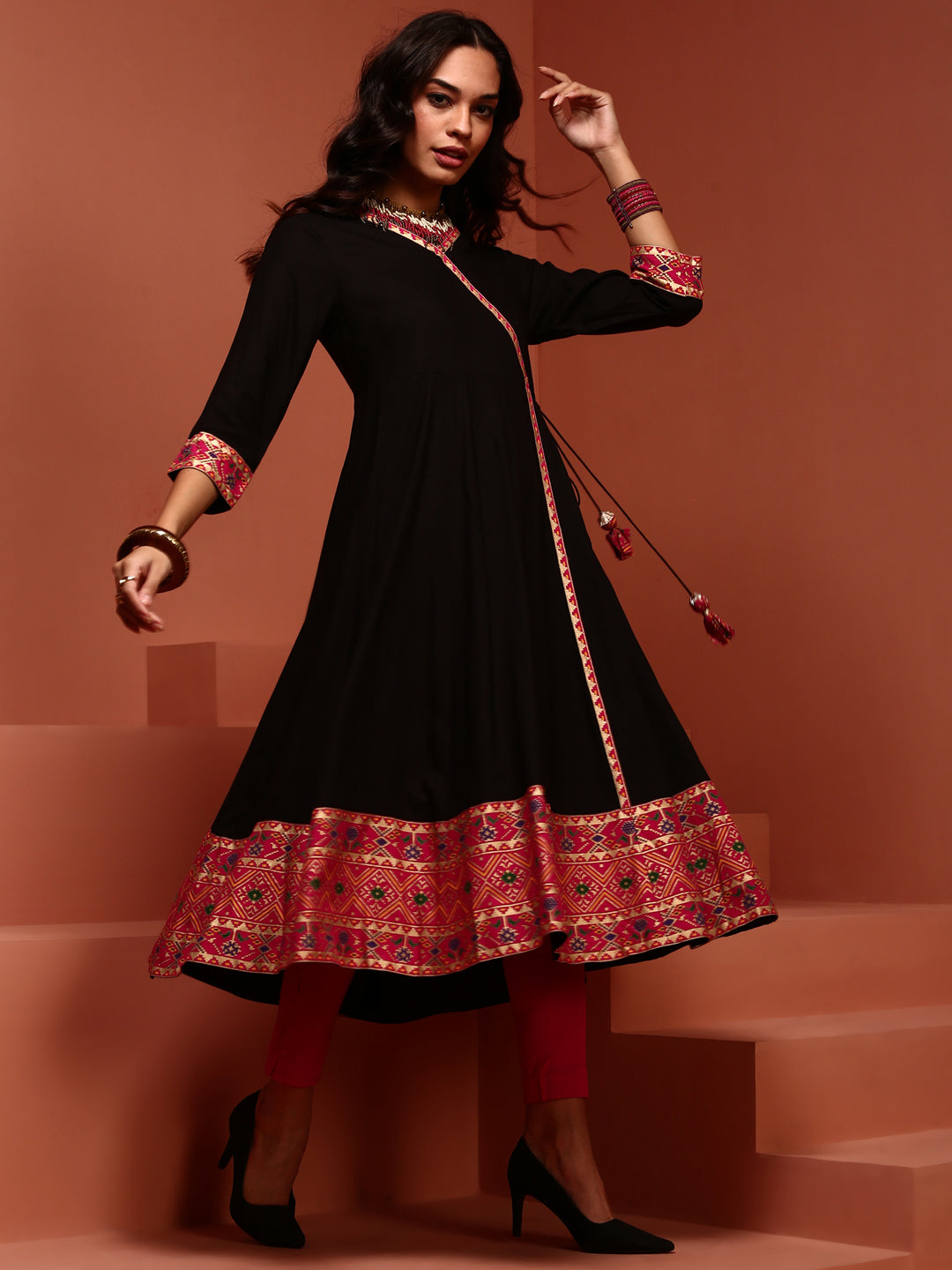 Solid Black A-line Kalidar Kurta