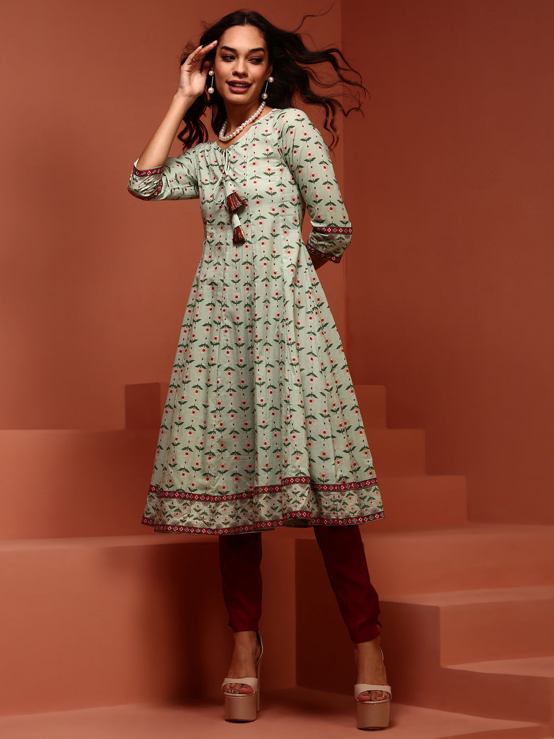 Mint Printed Pure Cotton Kalidar Kurta