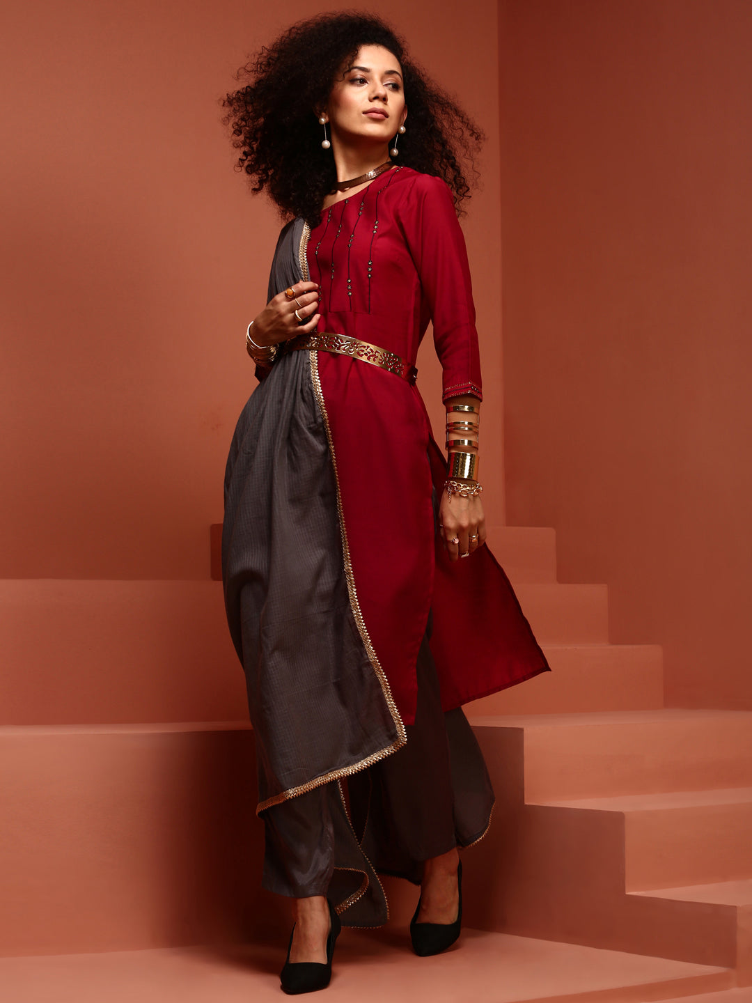 Radiant Red Embroidered Cotton Blend Kurta Set