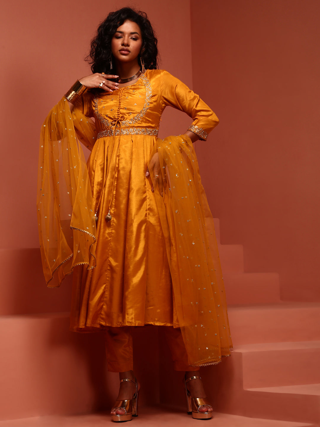 Mustard Shantoon Kalidar Kurta Set