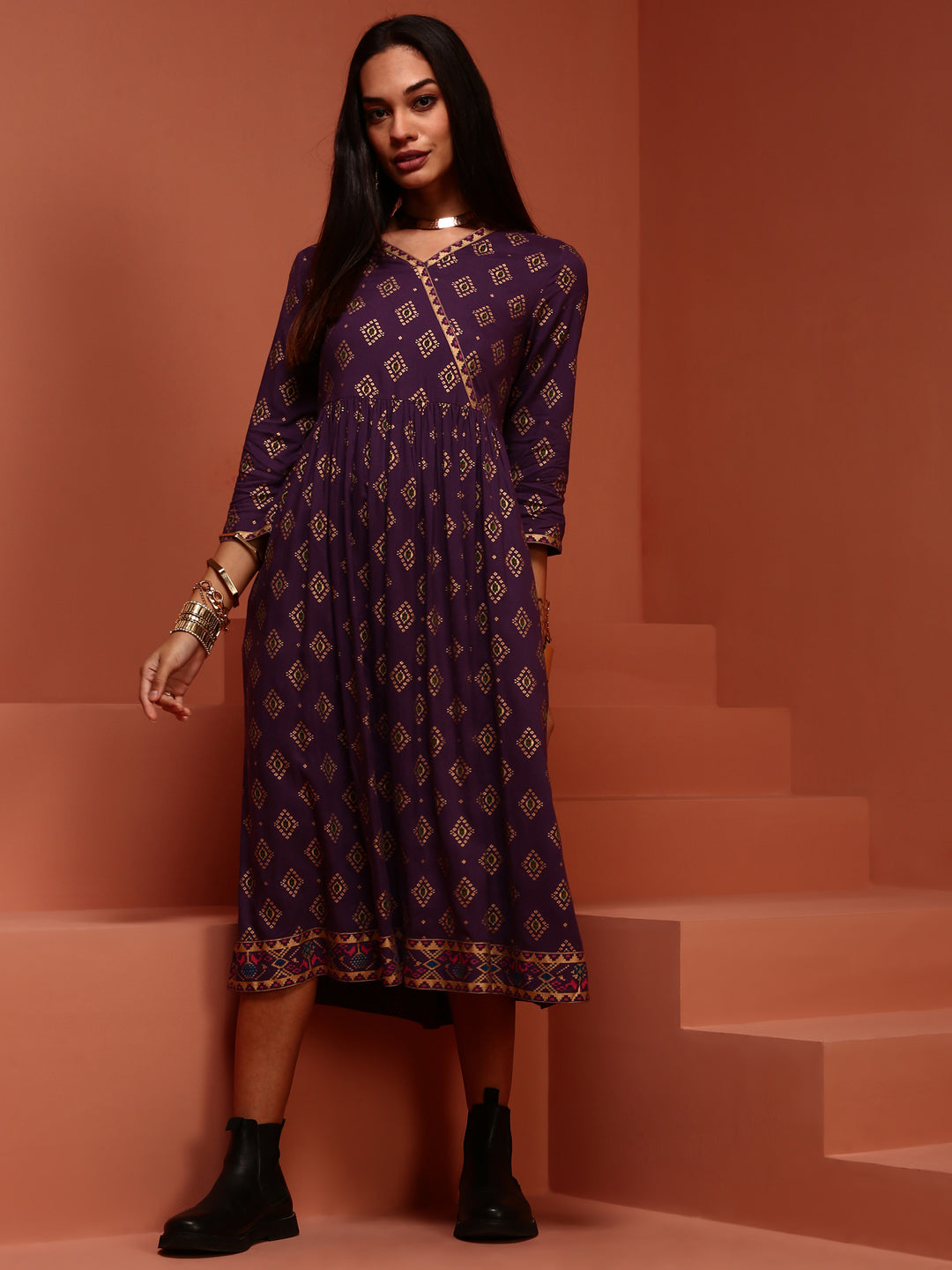 Violet Printed Gathered Kurta