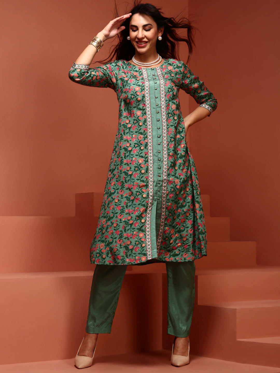 Mint Printed A-line Kurta Set