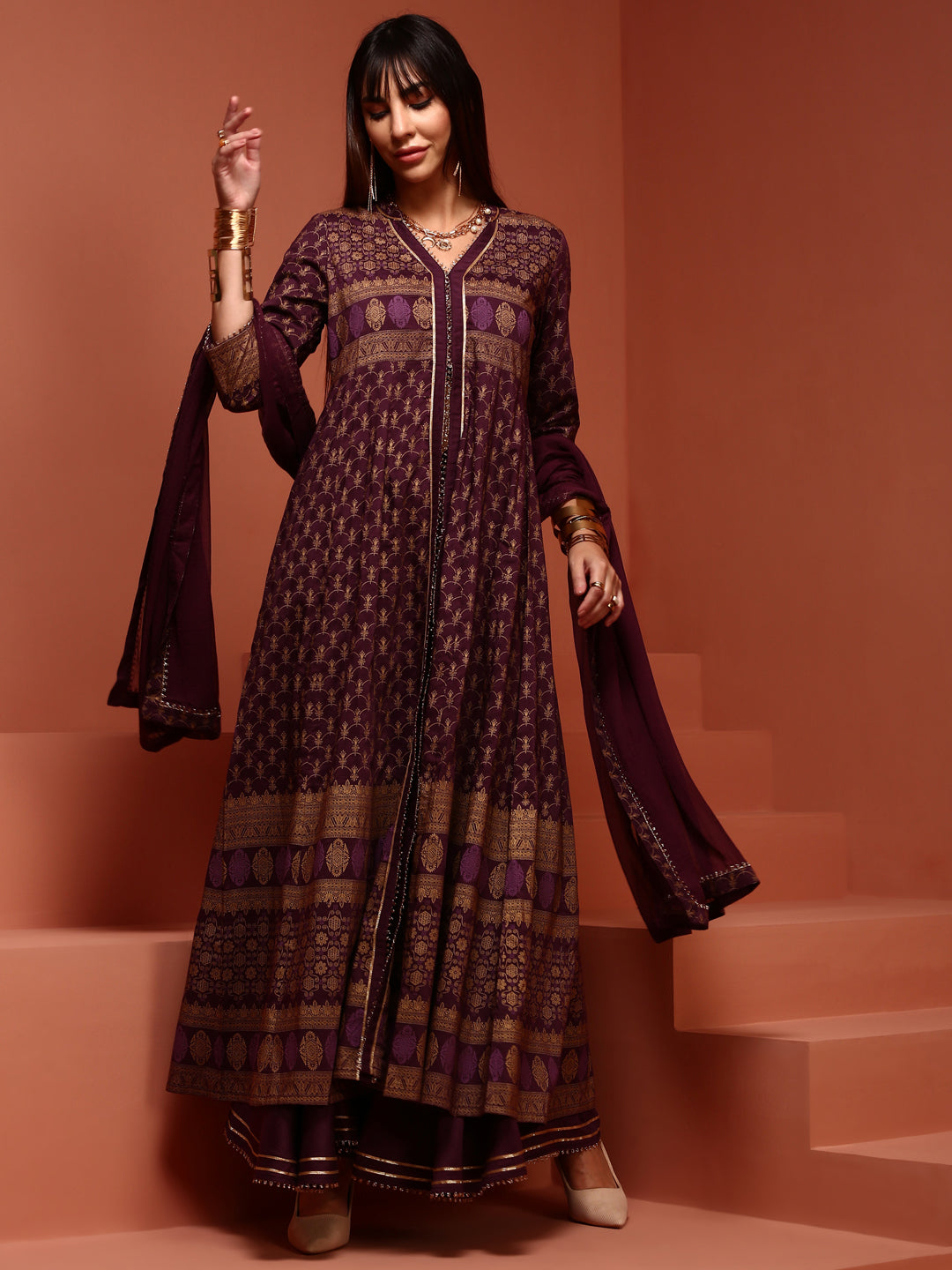 Kalidar Purple Printed Kurta Set