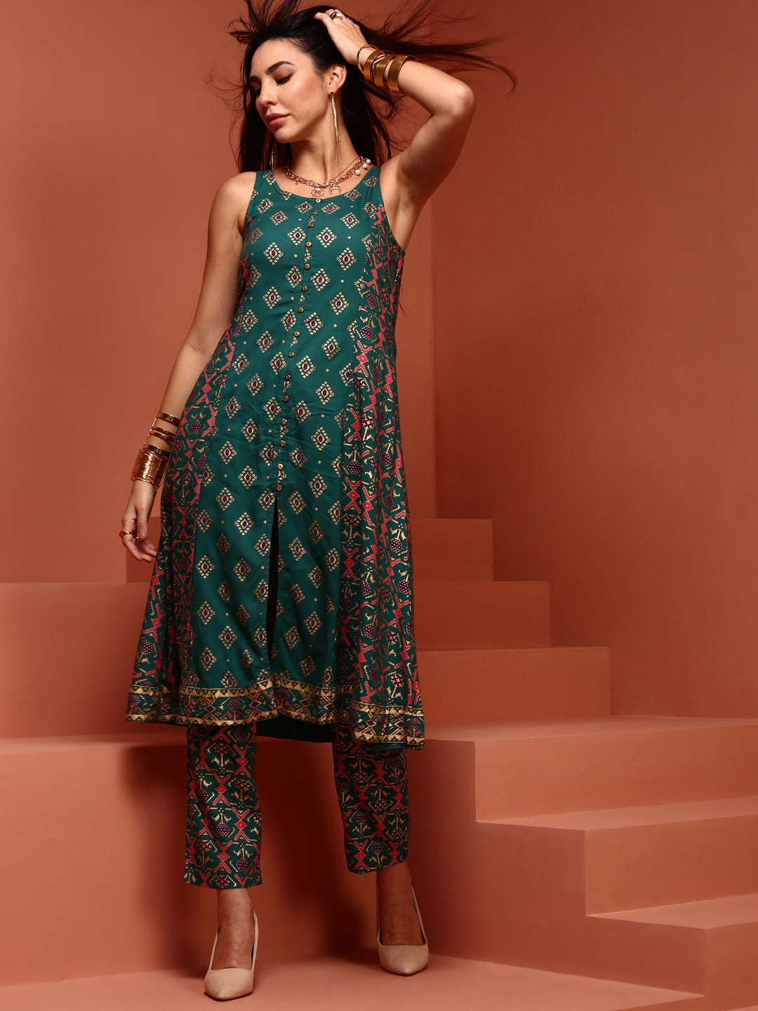 Green A-line Printed Kurta Set