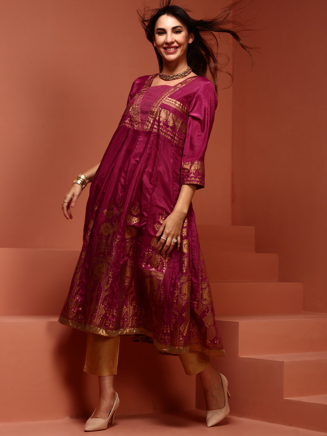 Pink Kalidar Printed Shantoon Kurta